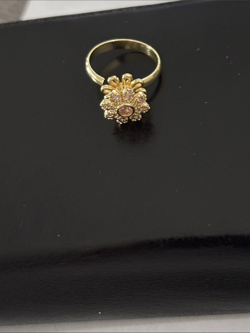 Gold Floral Pink Stone Ring - the top flower spins. Adjustable